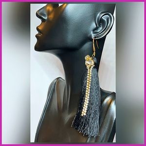 Catherine Malandrino Gold & Black Tassel Earrings + Rhinestones